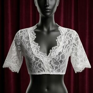 New XL White Lace Dirndl Blouse Undershirt Top Stretchy V Neck Crop
